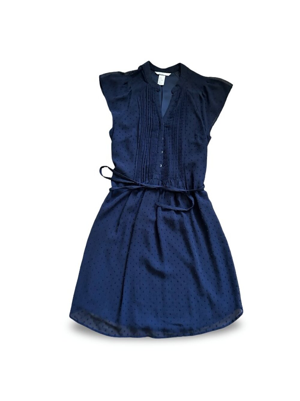 H&M Navy Blue Swiss Dot Pintuck Flutter Sleeve Belted Shirt Dress
